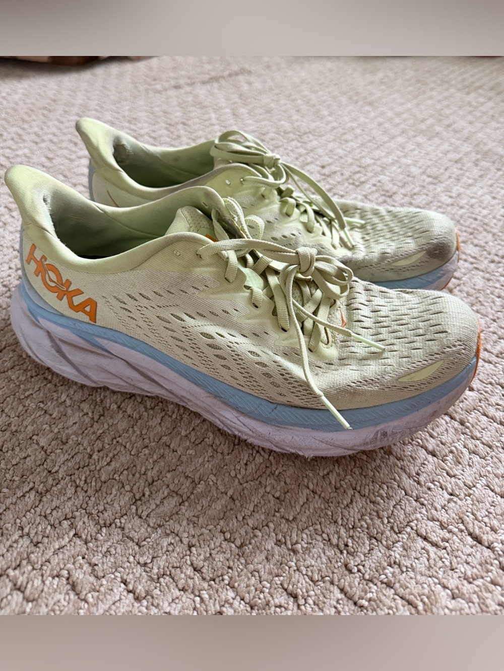 HOKA Clifton 8 Men’s 9.5 Light Green Running Shoes with Blue & Orange Accents
